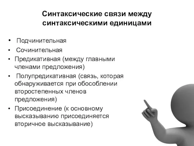 Синтаксические связи между синтаксическими единицами Подчинительная Сочинительная Предикативная (между главными членами