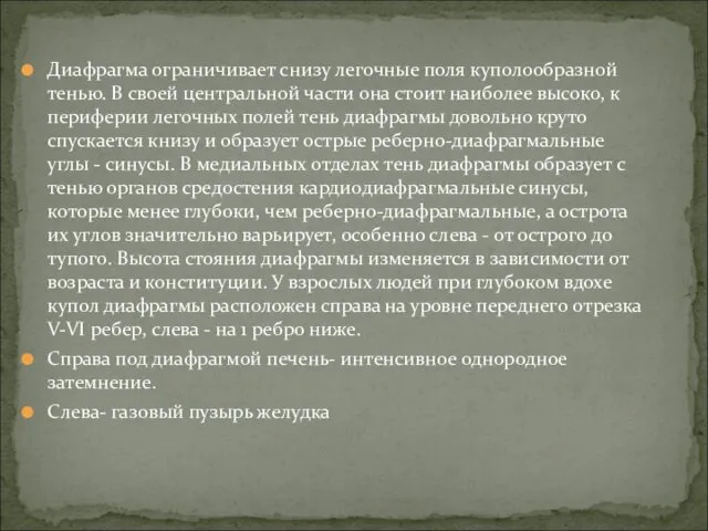 Диафрагма ограничивает снизу легочные поля куполообразной тенью. В своей центральной части