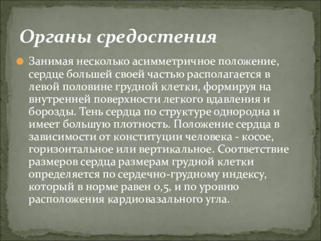 Занимая несколько асимметричное положение, сердце большей своей частью располагается в левой