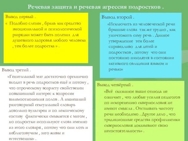 Речевая защита и речевая агрессия подростков . Вывод первый . «