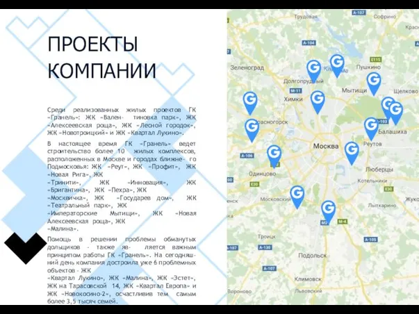 ПРОЕКТЫ КОМПАНИИ Среди реализованных жилых проектов ГК «Гранель»: ЖК «Вален- тиновка
