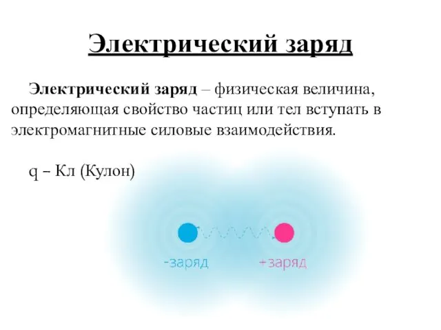 Электрический заряд Электрический заряд – физическая величина, определяющая свойство частиц или