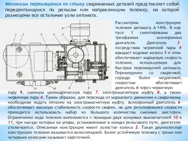 Механизм перемещения по стыку свариваемых деталей представляет собой передвигающуюся по рельсам