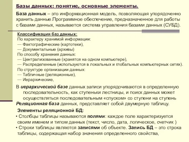 Базы данных: понятие, основные элементы. База данных – это информационная модель,