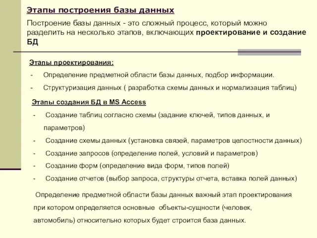 Этапы построения базы данных Построение базы данных - это сложный процесс,