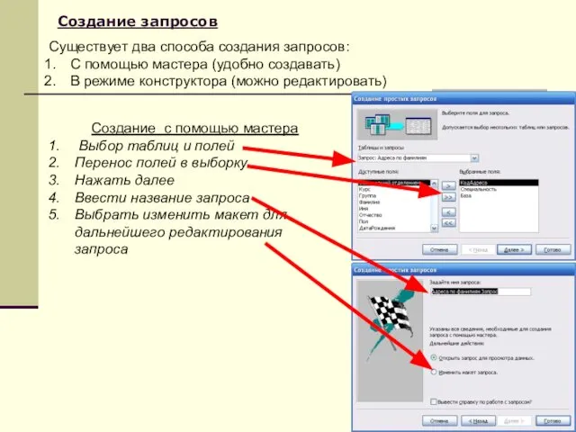 Создание запросов Существует два способа создания запросов: С помощью мастера (удобно