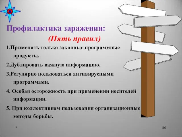 Профилактика заражения: (Пять правил) 1.Применять только законные программные продукты. 2.Дублировать важную