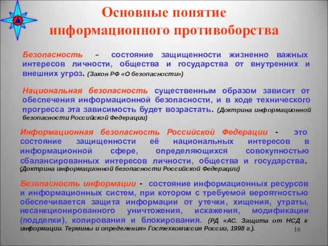 * Основные понятие информационного противоборства Безопасность - состояние защищенности жизненно важных