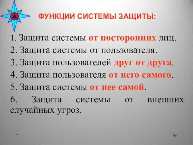 ФУНКЦИИ СИСТЕМЫ ЗАЩИТЫ: 1. Защита системы от посторонних лиц. 2. Защита