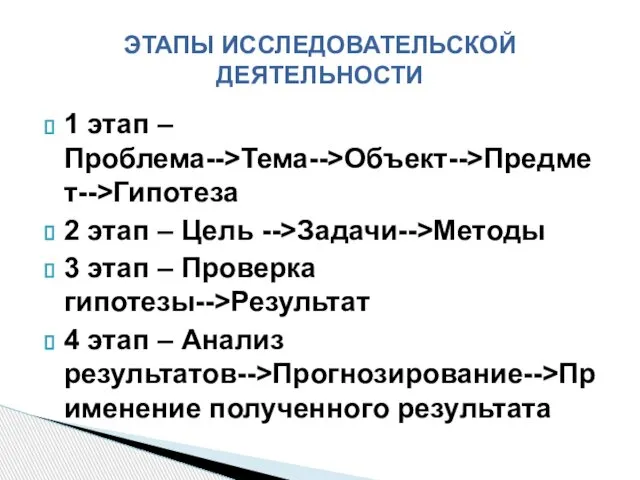 1 этап – Проблема-->Тема-->Объект-->Предмет-->Гипотеза 2 этап – Цель -->Задачи-->Методы 3 этап