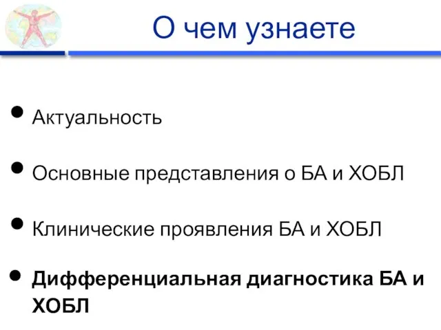 О чем узнаете Актуальность Основные представления о БА и ХОБЛ Клинические