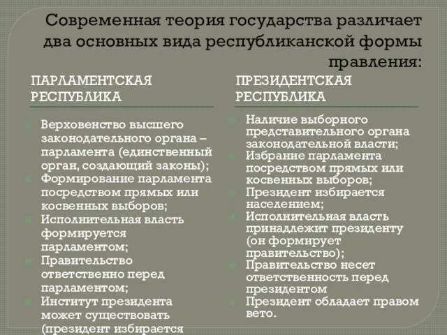 Современная теория государства различает два основных вида республиканской формы правления: ПАРЛАМЕНТСКАЯ