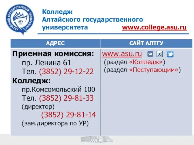 Колледж Алтайского государственного университета www.college.asu.ru