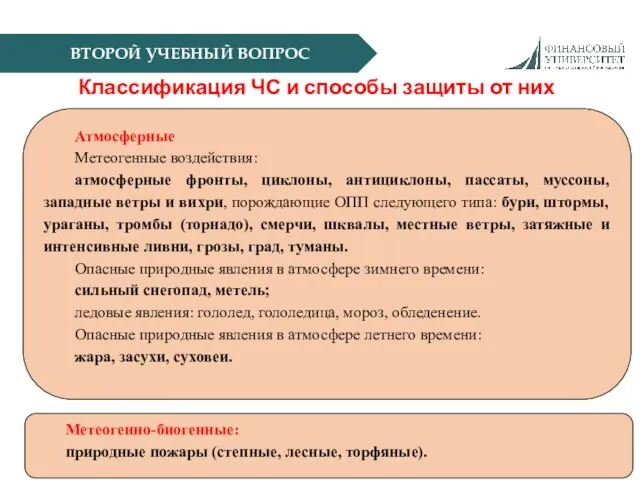 ВТОРОЙ УЧЕБНЫЙ ВОПРОС Классификация ЧС и способы защиты от них Атмосферные