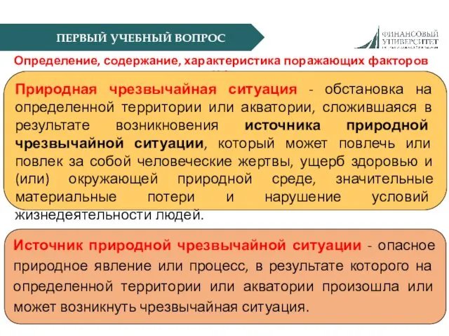 ПЕРВЫЙ УЧЕБНЫЙ ВОПРОС Определение, содержание, характеристика поражающих факторов ЧС Природная чрезвычайная