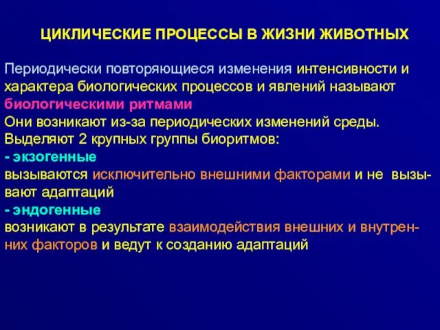 ЦИКЛИЧЕСКИЕ ПРОЦЕССЫ В ЖИЗНИ ЖИВОТНЫХ Периодически повторяющиеся изменения интенсивности и характера