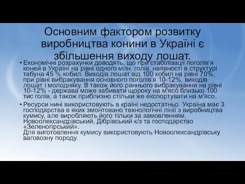 Основним фактором розвитку виробництва конини в Україні є збільшення виходу лошат.