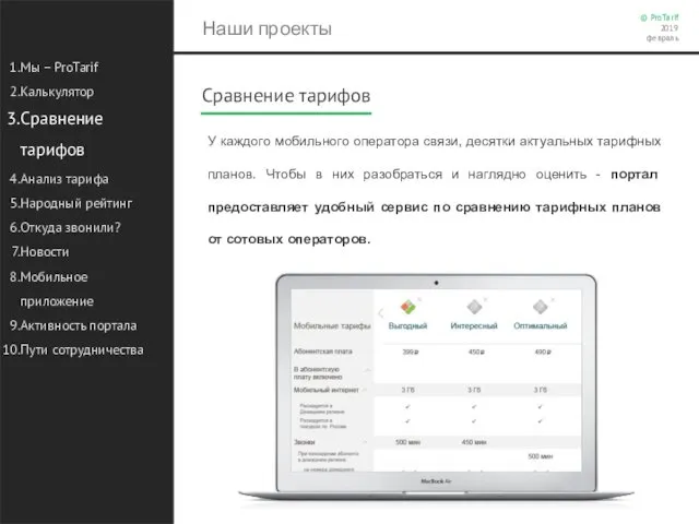 Наши проекты Мы – ProTarif Калькулятор Сравнение тарифов Анализ тарифа Народный