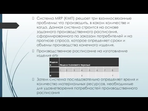 Система MRP (КМП) решает три взаимосвязанные проблемы: что производить, в каком