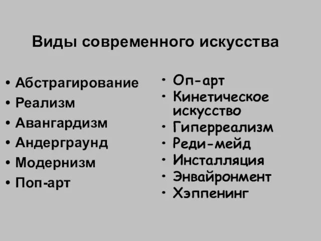 Виды современного искусства Абстрагирование Реализм Авангардизм Андерграунд Модернизм Поп-арт Оп-арт Кинетическое