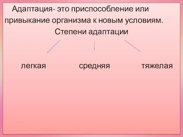 Адаптация- это приспособление или привыкание организма к новым условиям. Степени адаптации легкая средняя тяжелая