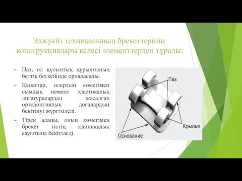 Эджуайз техникасының брекеттерінің конструкциялары келесі элементтерден тұрады: Паз, ол құлыптық құрылғының