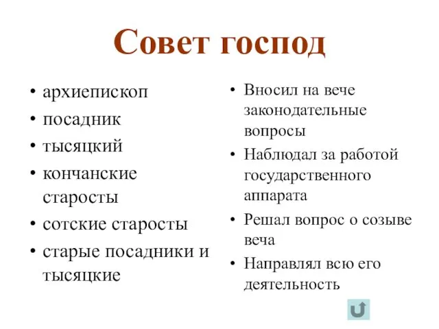 Совет господ архиепископ посадник тысяцкий кончанские старосты сотские старосты старые посадники