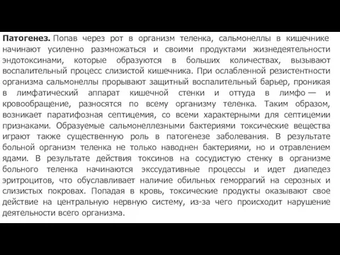 Патогенез. Попав через рот в организм теленка, сальмонеллы в кишечнике начинают