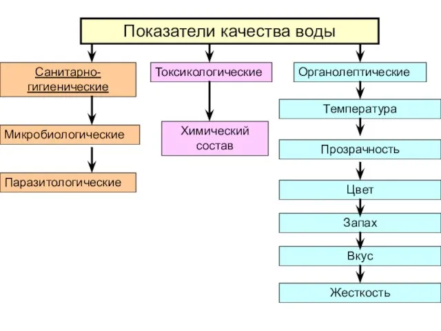 Показатели качества воды Санитарно-гигиенические Микробиологические Органолептические Температура Химический состав Паразитологические Токсикологические Прозрачность Цвет Запах Вкус Жесткость