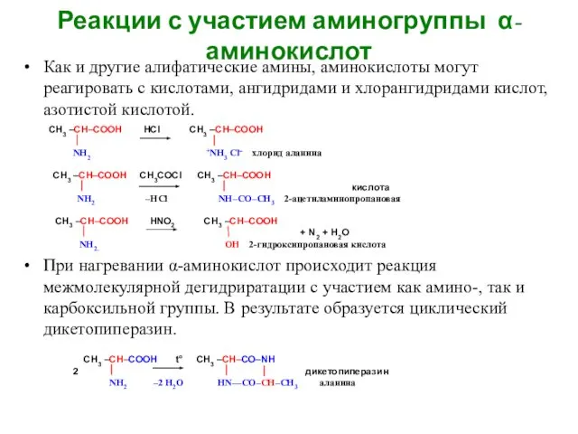 Реакции с участием аминогруппы α-аминокислот Как и другие алифатические амины, аминокислоты