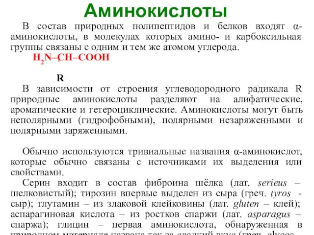 Аминокислоты В состав природных полипептидов и белков входят α-аминокислоты, в молекулах