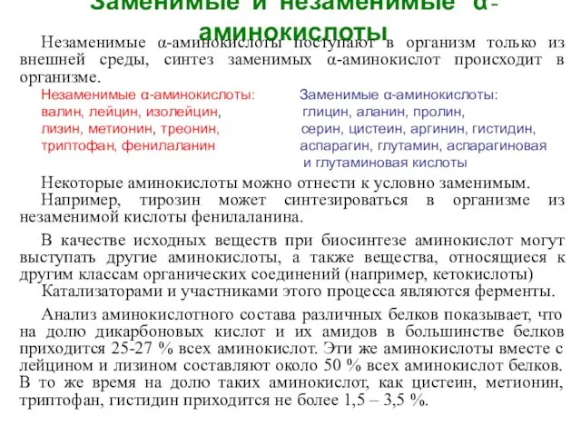 Заменимые и незаменимые α-аминокислоты Незаменимые α-аминокислоты поступают в организм только из