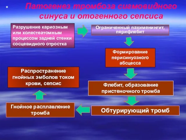 Ограниченный пахименингит, перифлебит Формирование перисинуозного абсцесса Гнойное расплавление тромба Обтурирующий тромб