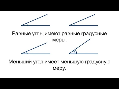 Равные углы имеют равные градусные меры. Меньший угол имеет меньшую градусную меру.