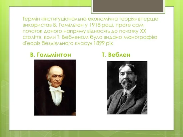 Термін «інституціональна економічна теорія» вперше використав В. Гамільтон у 1918 році,