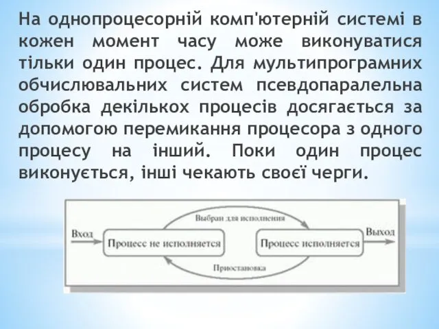 На однопроцесорній комп'ютерній системі в кожен момент часу може виконуватися тільки