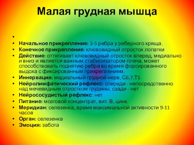 Малая грудная мышца Начальное прикрепление: 3-5 ребра у реберного хряща. Конечное