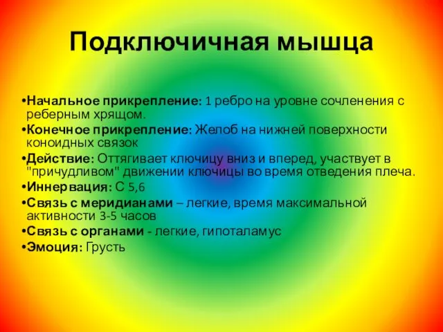 Подключичная мышца Начальное прикрепление: 1 ребро на уровне сочленения с реберным