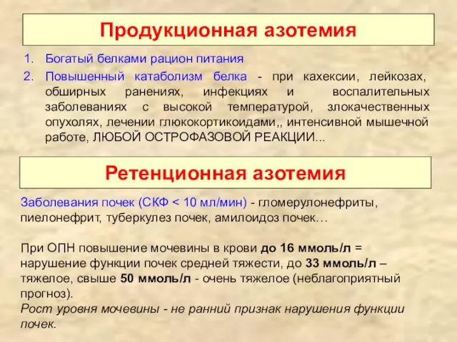 Продукционная азотемия Богатый белками рацион питания Повышенный катаболизм белка - при