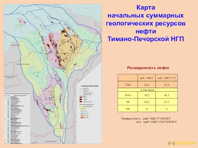 Карта начальных суммарных геологических ресурсов нефти Тимано-Печорской НГП Разведанность нефти Разведанность: (доб.+АВС1)*100/НСР или (доб.+АВС1+С2)*100/НСР