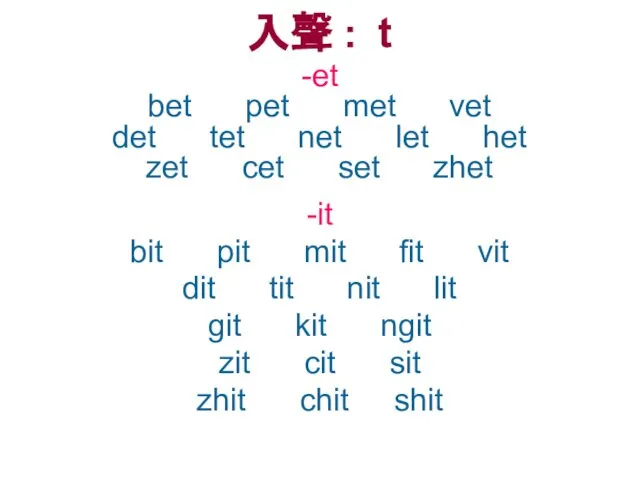 入聲 : t -et bet pet met vet det tet net