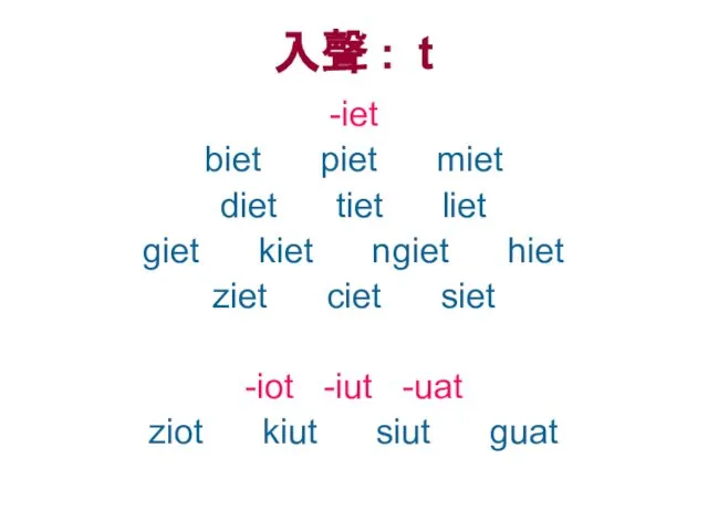 入聲 : t -iet biet piet miet diet tiet liet giet