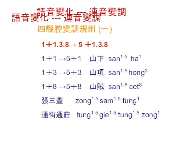 語音變化 --- 連音變調 語音變化 --- 連音變調 四縣腔變調規則 (一) 1＋1.3.8→ 5 ＋1.3.8