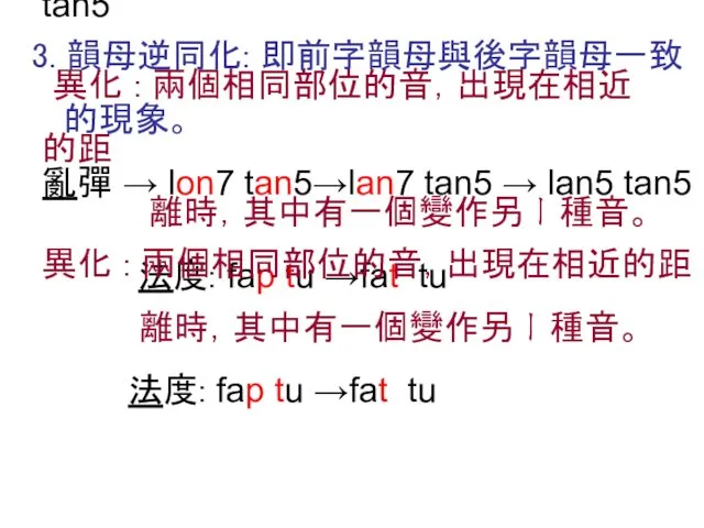 3. 韻母逆同化: 即前字韻母與後字韻母一致 的現象。 亂彈 → lon7 tan5→lan7 tan5 → lan5