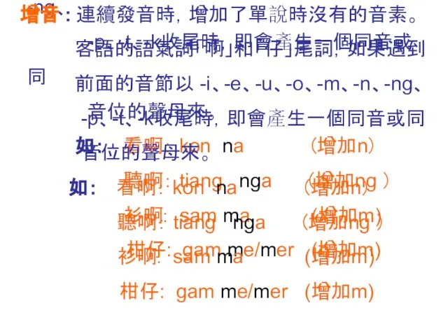 增音 : 連續發音時，增加了單說時沒有的音素。 客語的語氣詞「啊」和「仔」尾詞，如果遇到 前面的音節以 -i、-e、-u、-o、-m、-n、-ng、 -p、-t、-k收尾時，即會產生一個同音或同 音位的聲母來。 如： 看啊： kon