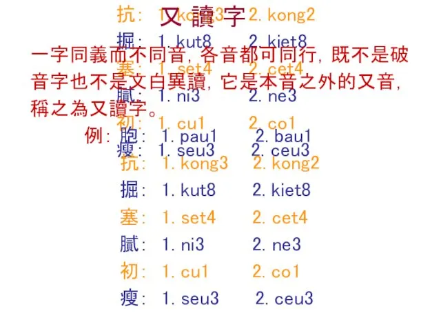 一字同義而不同音，各音都可同行，既不是破音字也不是文白異讀，它是本音之外的又音，稱之為又讀字。 例： 胞： 1. pau1 2. bau1 抗： 1. kong3 2.