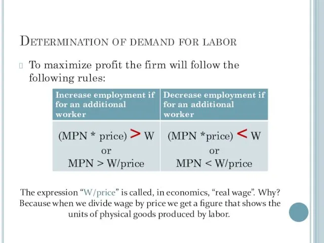 Determination of demand for labor To maximize profit the firm will