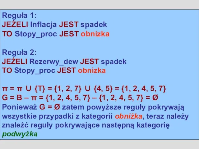 Reguła 1: JEŻELI Inflacja JEST spadek TO Stopy_proc JEST obnizka Reguła