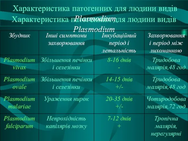 Характеристика патогенних для людини видів Plasmodium Характеристика патогенних для людини видів Plasmodium