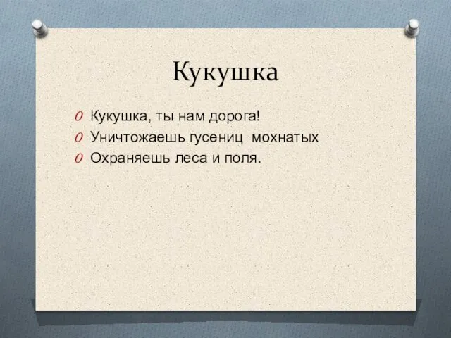 Кукушка Кукушка, ты нам дорога! Уничтожаешь гусениц мохнатых Охраняешь леса и поля.